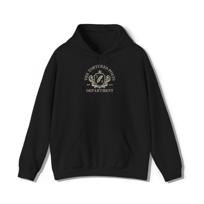 taylor swifts the tortured poets department album embroidered in a collegiate style on a dark black coloured hoodie 