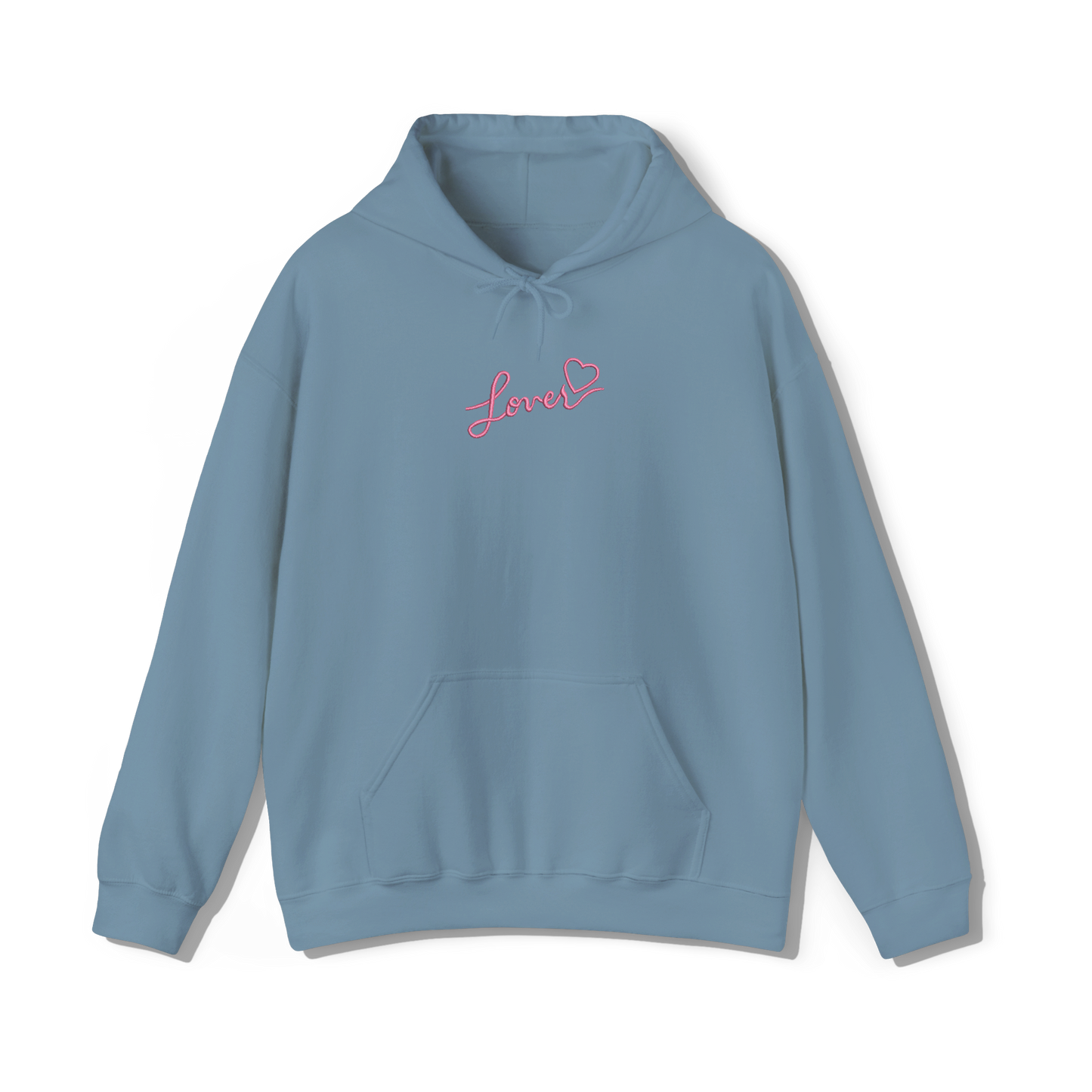 taylor swifts lover album title embroidered onto a stone blue coloured hoodie