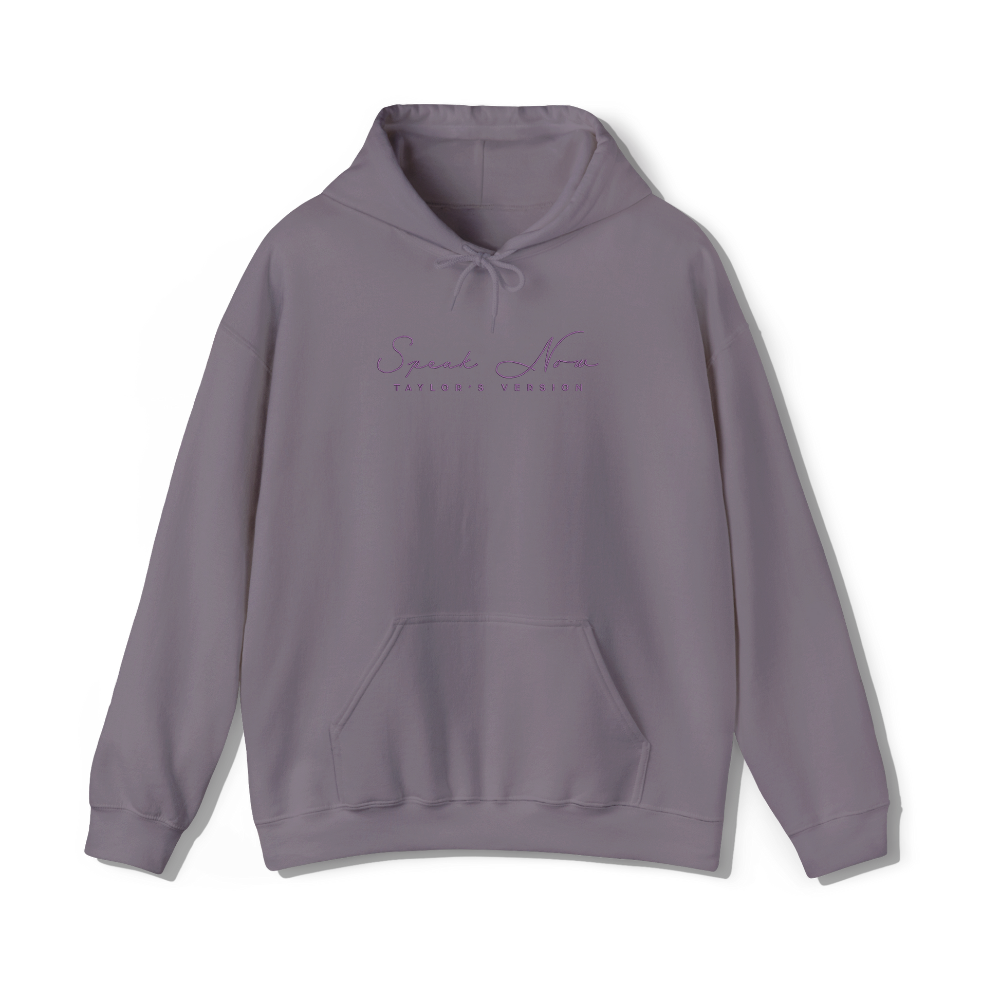 taylor swifts speak now album title embroidered in the same font and colour as appears on album cover on a paragon coloured hoodie