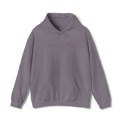 taylor swifts speak now album title embroidered in the same font and colour as appears on album cover on a paragon coloured hoodie