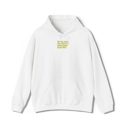 white coloured hooded sweatshirt that has lana del reys album,  did you know that theres a tunnel under ocean blvd embroidered on the centre chest in the same font and colour as it appears on the album  cover