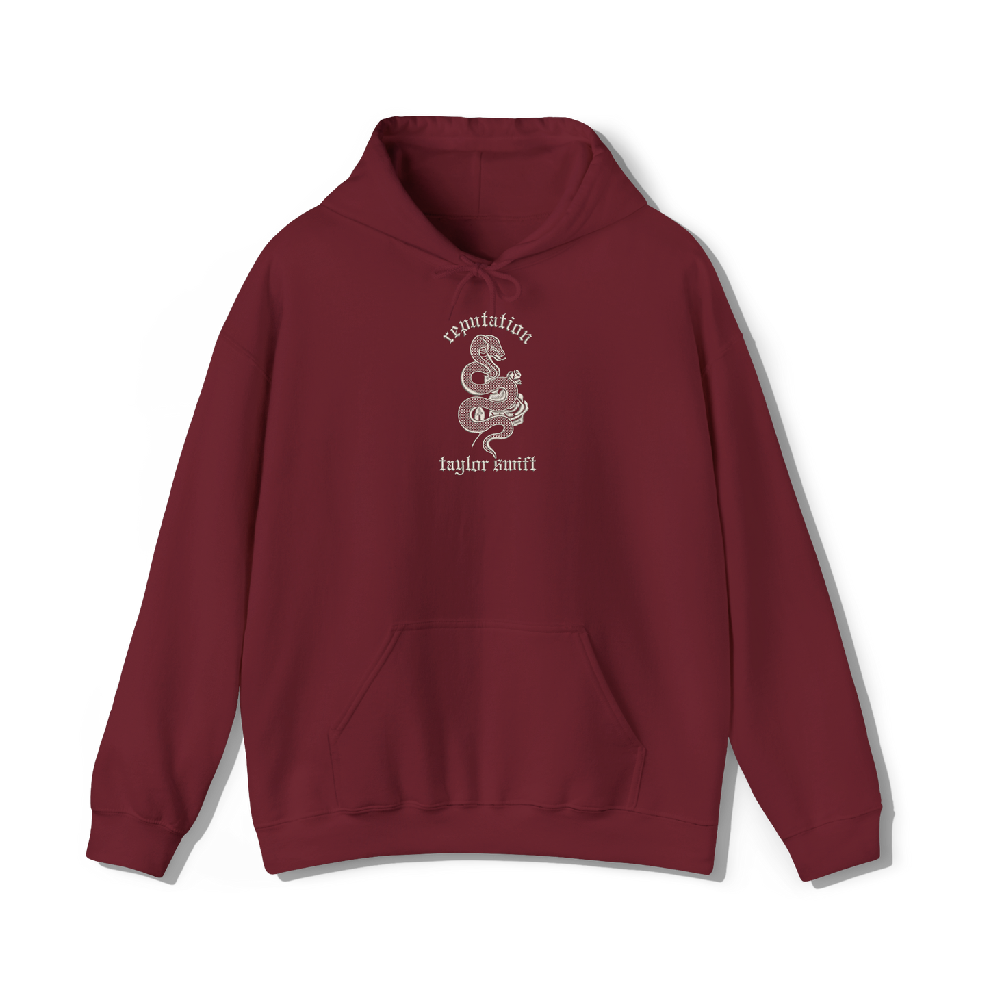 taylor swift reputation album embroidered in a collegiate style on a garnet red coloured hoodie