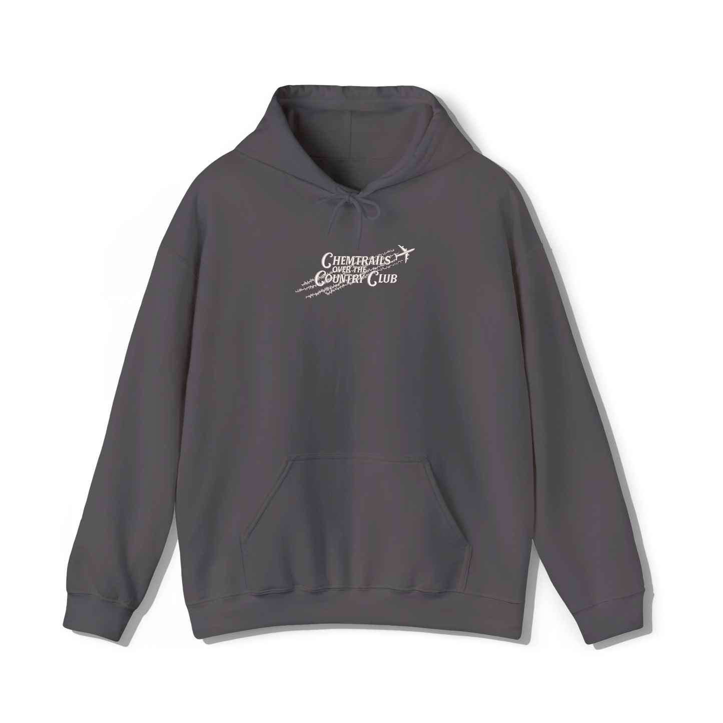 dark grey coloured hooded sweatshirt that has lana del reys album,  chemtrails over the country club embroidered on the centre chest in the same font and colour as it appears on the album  over