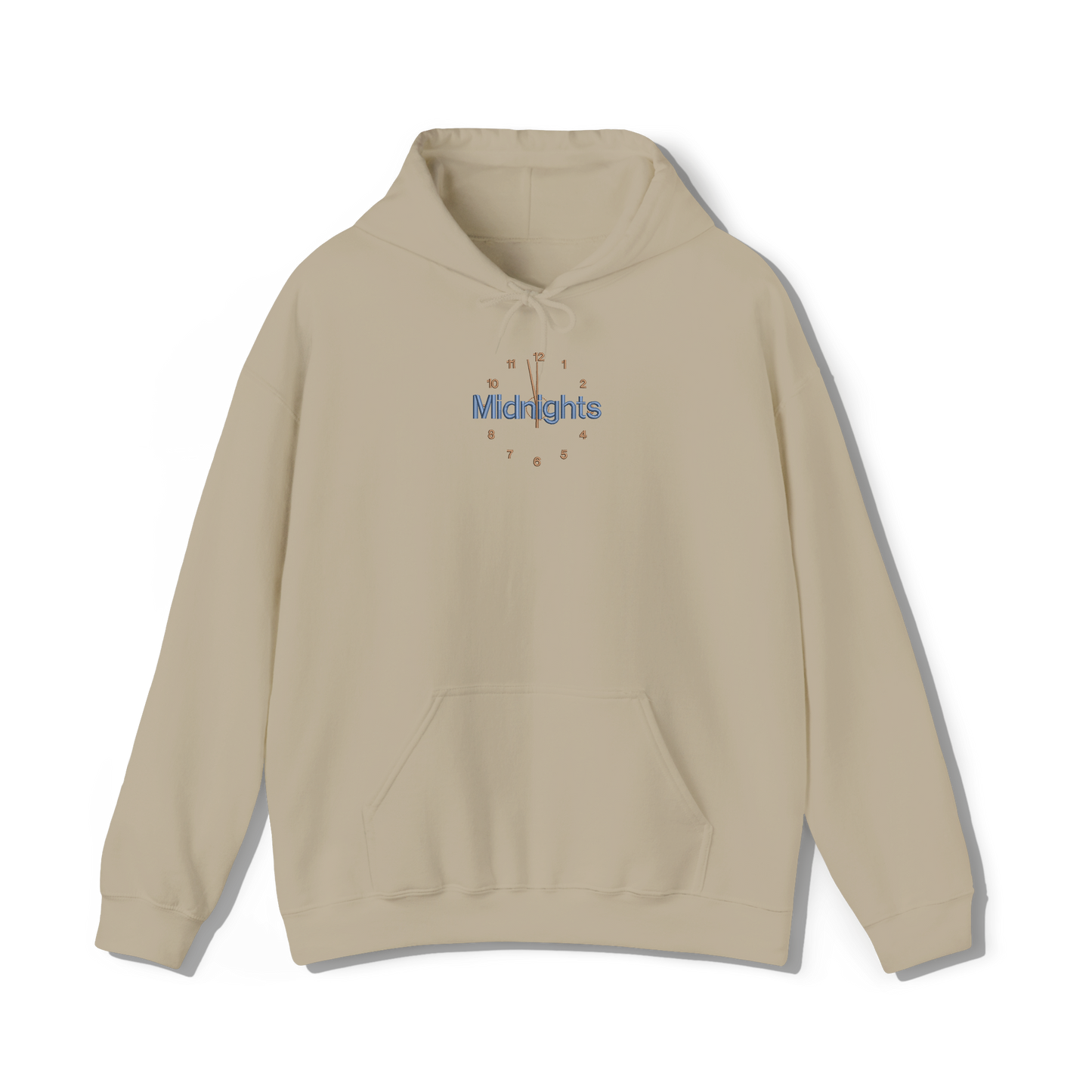 taylor swifts minights album title embroidered in the font and colour present on the album cover on a sand coloured hoodie