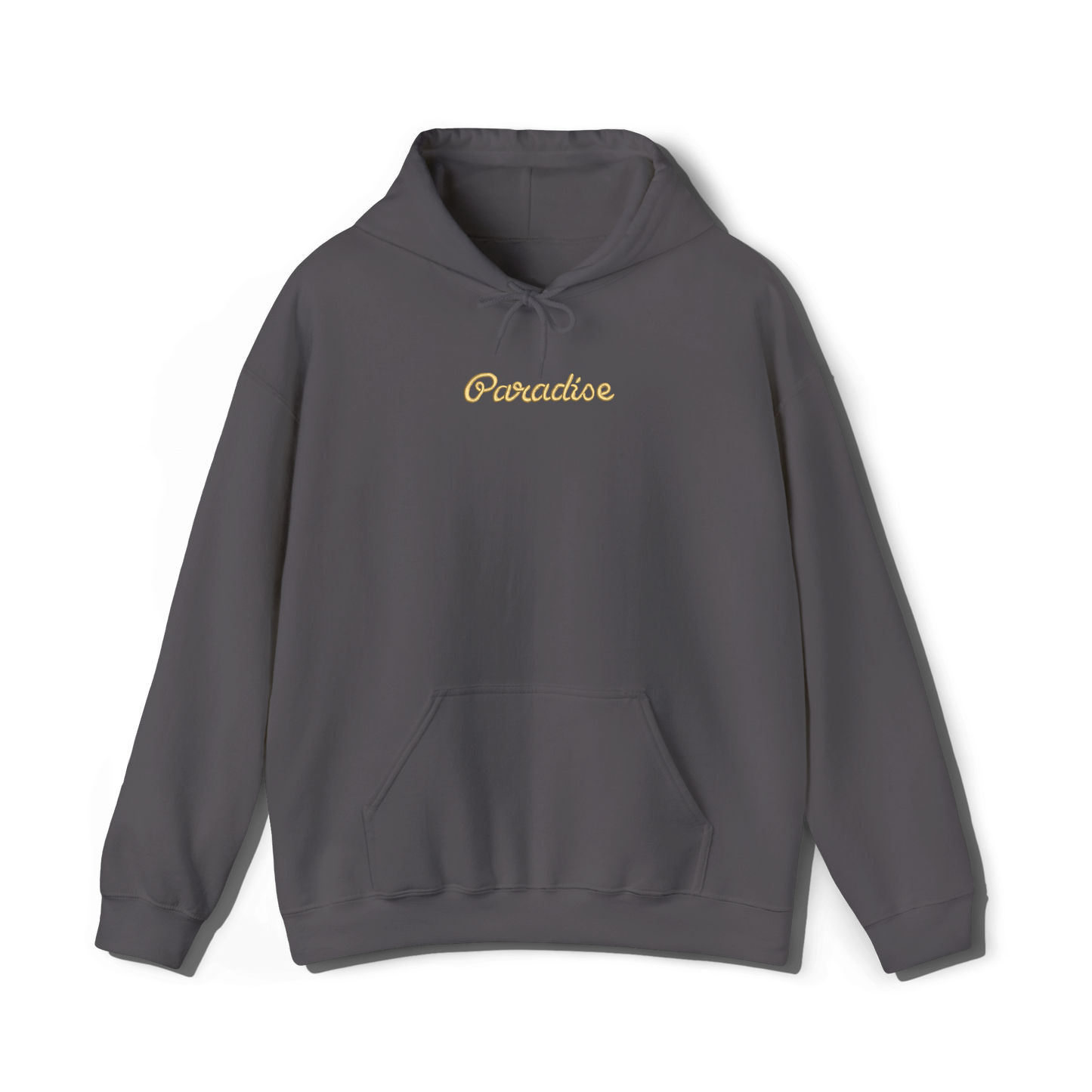 dark grey coloured hooded sweatshirt that has lana del reys album,  paradise embroidered on the centre chest in the same font and colour as it appears on the album  cover