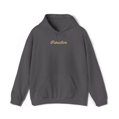 dark grey coloured hooded sweatshirt that has lana del reys album,  paradise embroidered on the centre chest in the same font and colour as it appears on the album  cover