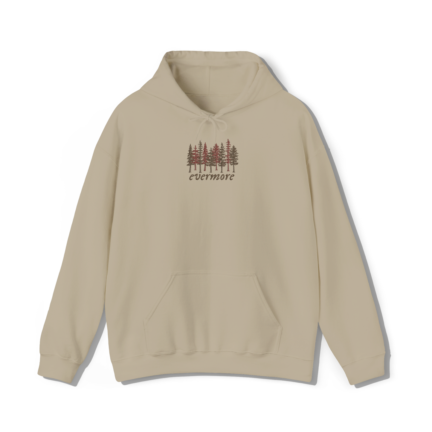 taylors swifts evermore album title embroidered onto a sand coloured hoodie