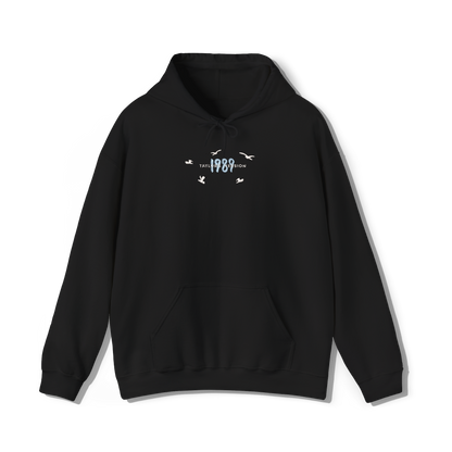 Taylor swifts 1989 Album title embroidered onto a black coloured hoodie