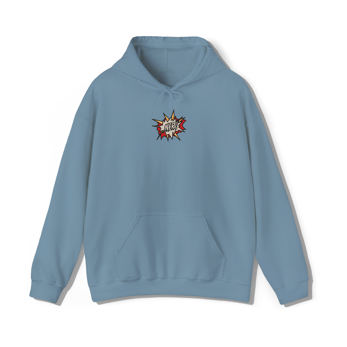 stone blue coloured hooded sweatshirt that has lana del reys album,  norman fucking rockwell embroidered on the centre chest in the same font and colour as it appears on the album  cover