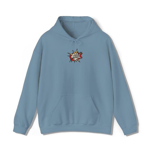 stone blue coloured hooded sweatshirt that has lana del reys album,  norman fucking rockwell embroidered on the centre chest in the same font and colour as it appears on the album  cover