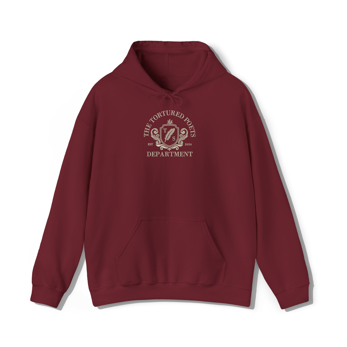 taylor swifts the tortured poets department album embroidered in a collegiate style on a dark garnet red coloured hoodie 