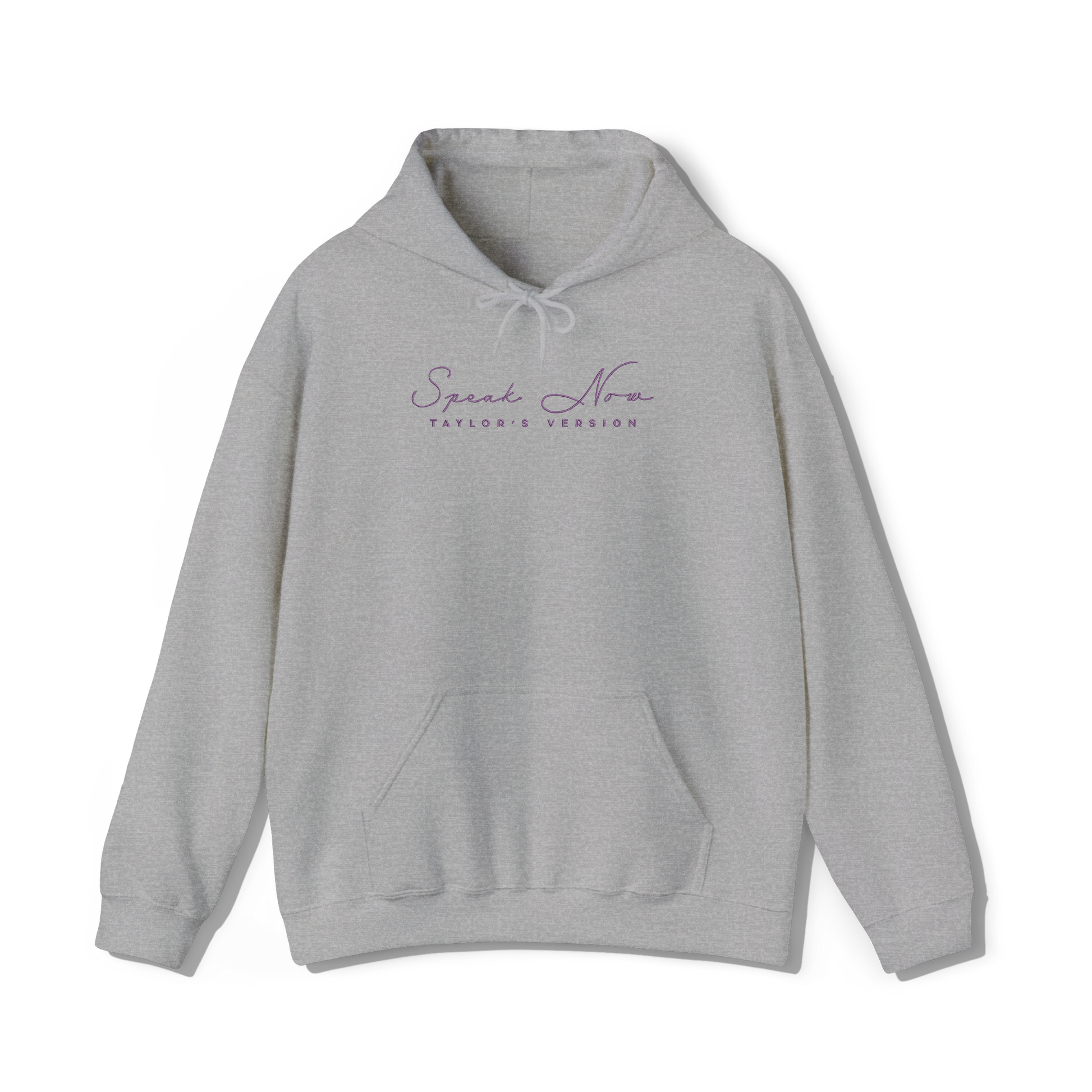 taylor swifts speak now album title embroidered in the same font and colour as appears on album cover on a light grey coloured hoodie