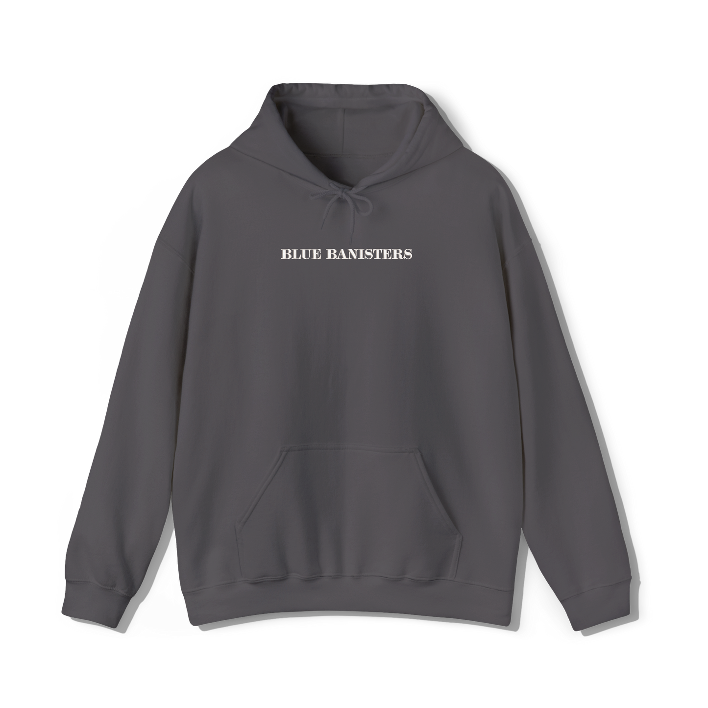 dark grey hooded sweatshirt that has lana del reys album, blue banisters embroidered on the centre chest 