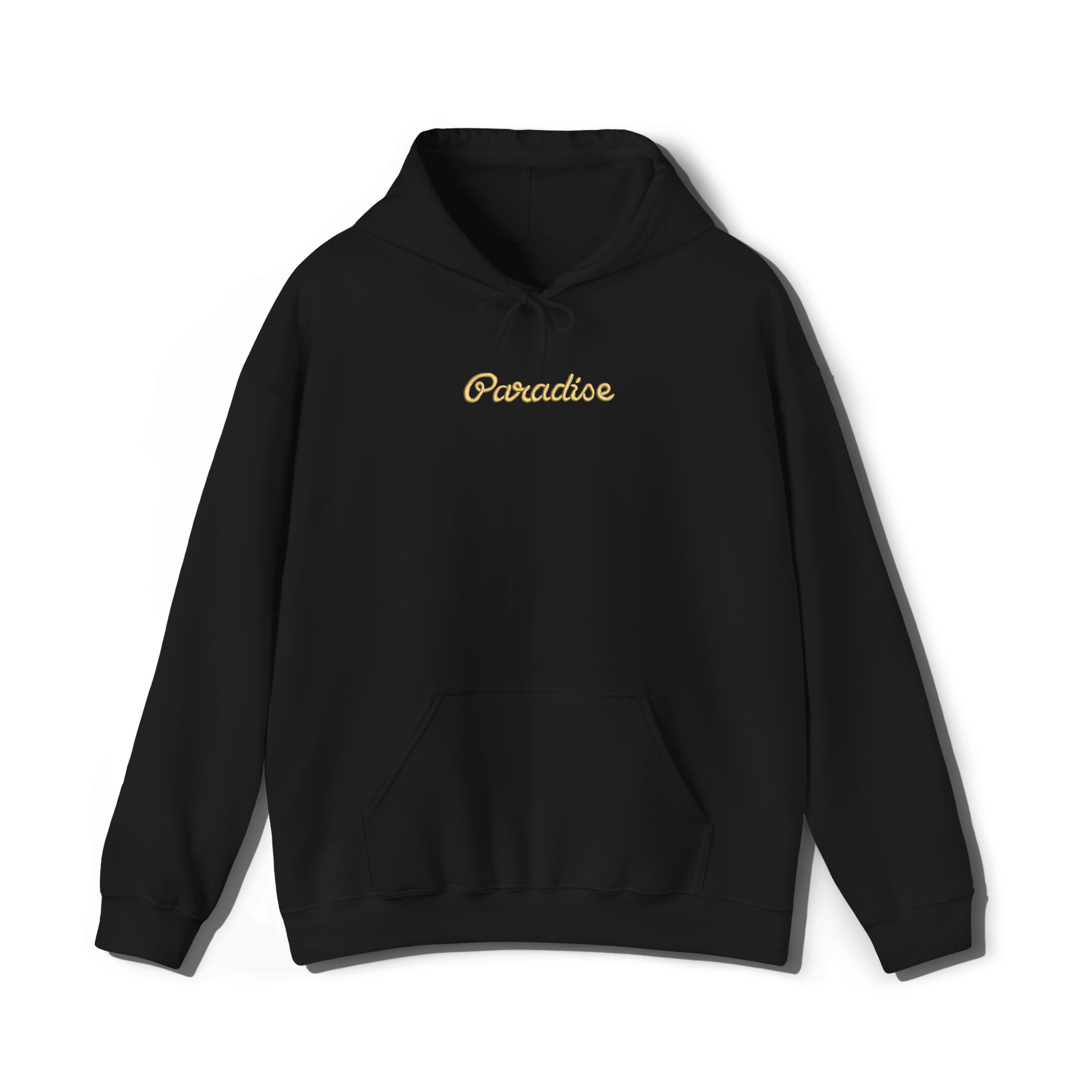 black coloured hooded sweatshirt that has lana del reys album,  paradise embroidered on the centre chest in the same font and colour as it appears on the album  cover