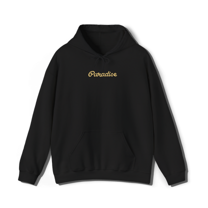 black coloured hooded sweatshirt that has lana del reys album,  paradise embroidered on the centre chest in the same font and colour as it appears on the album  cover