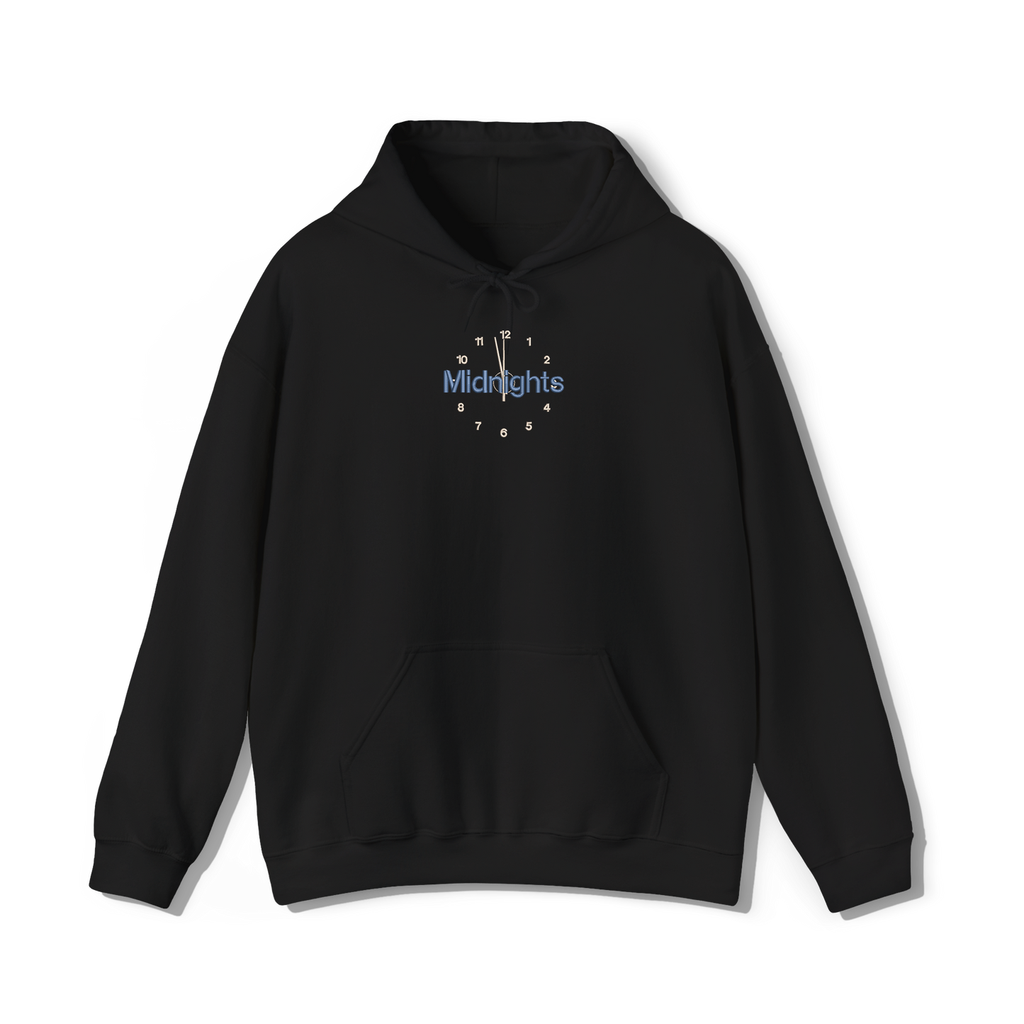 taylor swifts minights album title embroidered in the font and colour present on the album cover on a black coloured hoodie