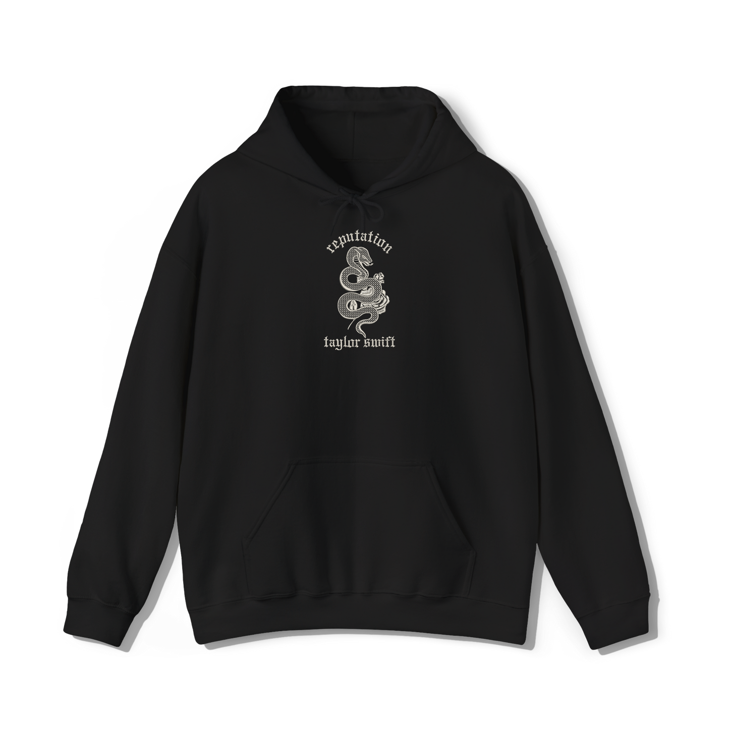 taylor swift reputation album embroidered in a collegiate style on a black coloured hoodie