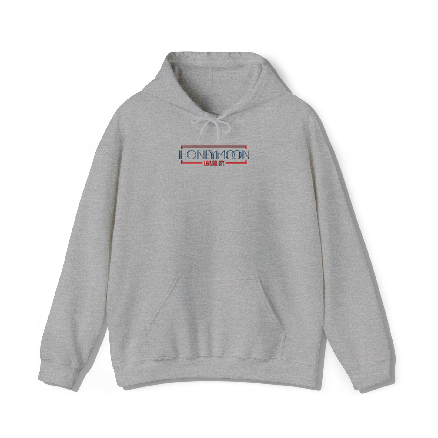 light grey coloured hooded sweatshirt that has lana del reys album,  honeymoon embroidered on the centre chest in the same font and colour as it appears on the album  cover alongside an rectangle outline to give an old hollywood bilboard aesthetic to the design