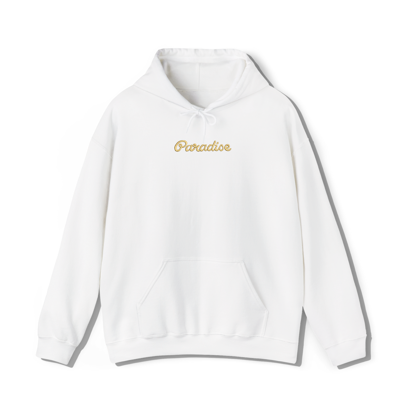 white coloured hooded sweatshirt that has lana del reys album,  paradise embroidered on the centre chest in the same font and colour as it appears on the album  cover