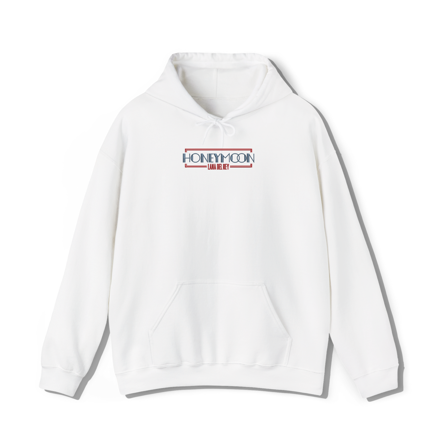 white coloured hooded sweatshirt that has lana del reys album,  honeymoon embroidered on the centre chest in the same font and colour as it appears on the album  cover alongside an rectangle outline to give an old hollywood bilboard aesthetic to the design