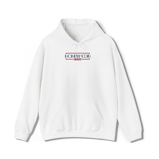 white coloured hooded sweatshirt that has lana del reys album,  honeymoon embroidered on the centre chest in the same font and colour as it appears on the album  cover alongside an rectangle outline to give an old hollywood bilboard aesthetic to the design