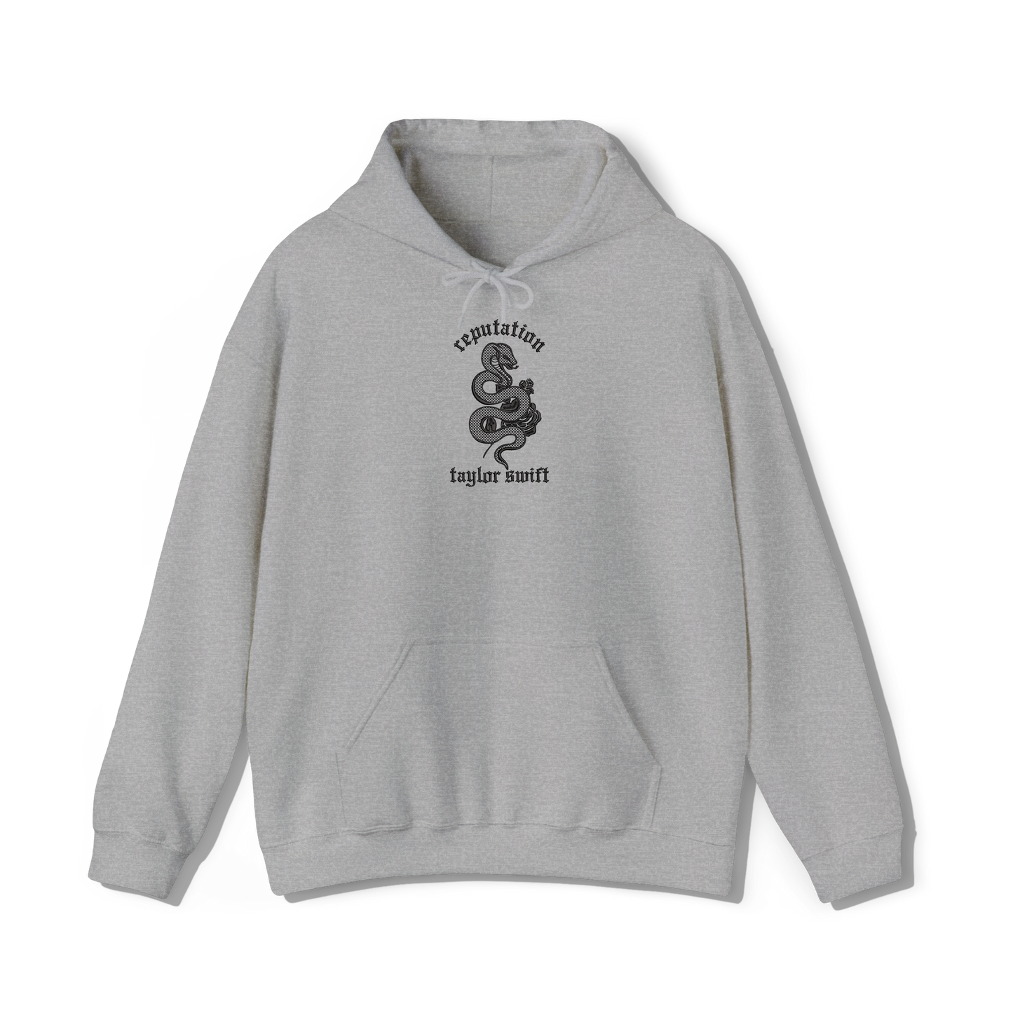 taylor swift reputation album embroidered in a collegiate style on a light grey coloured hoodie