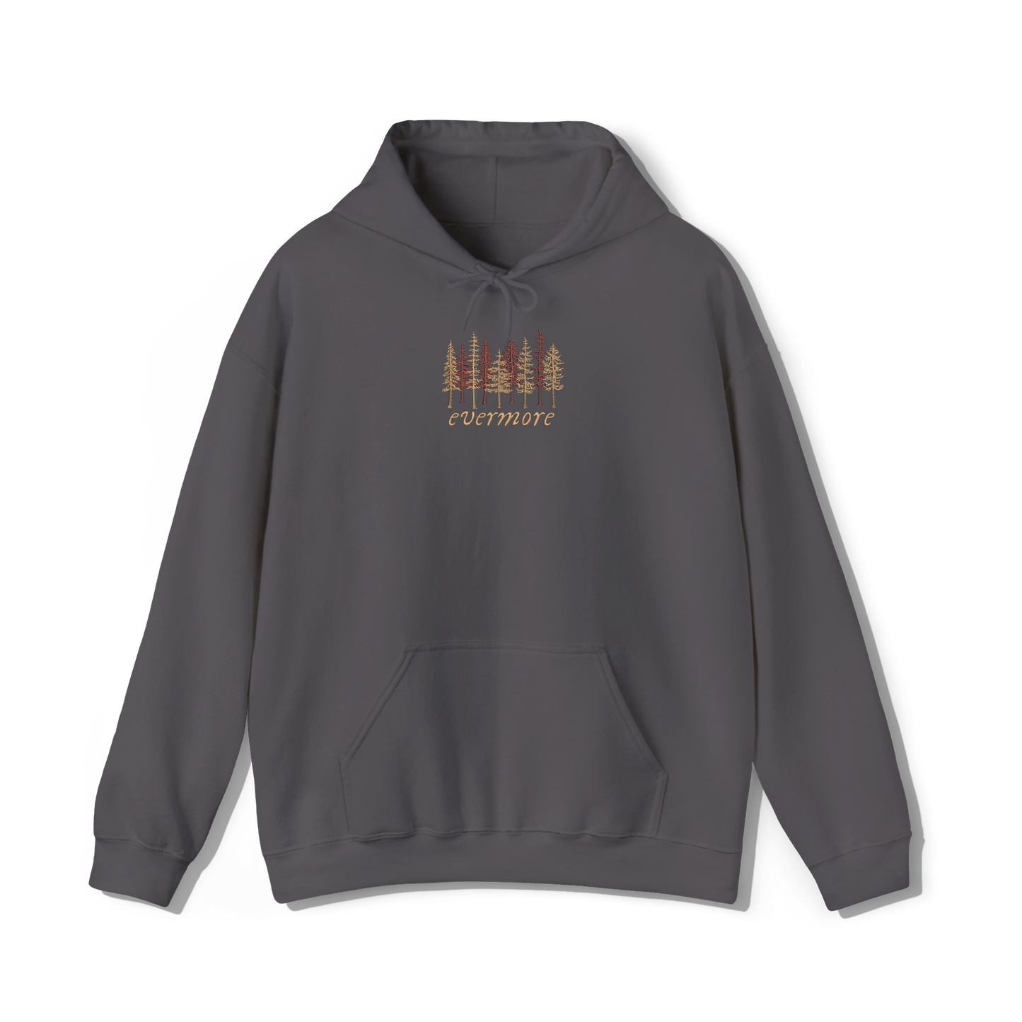 taylors swifts evermore album title embroidered onto a dark grey coloured hoodie