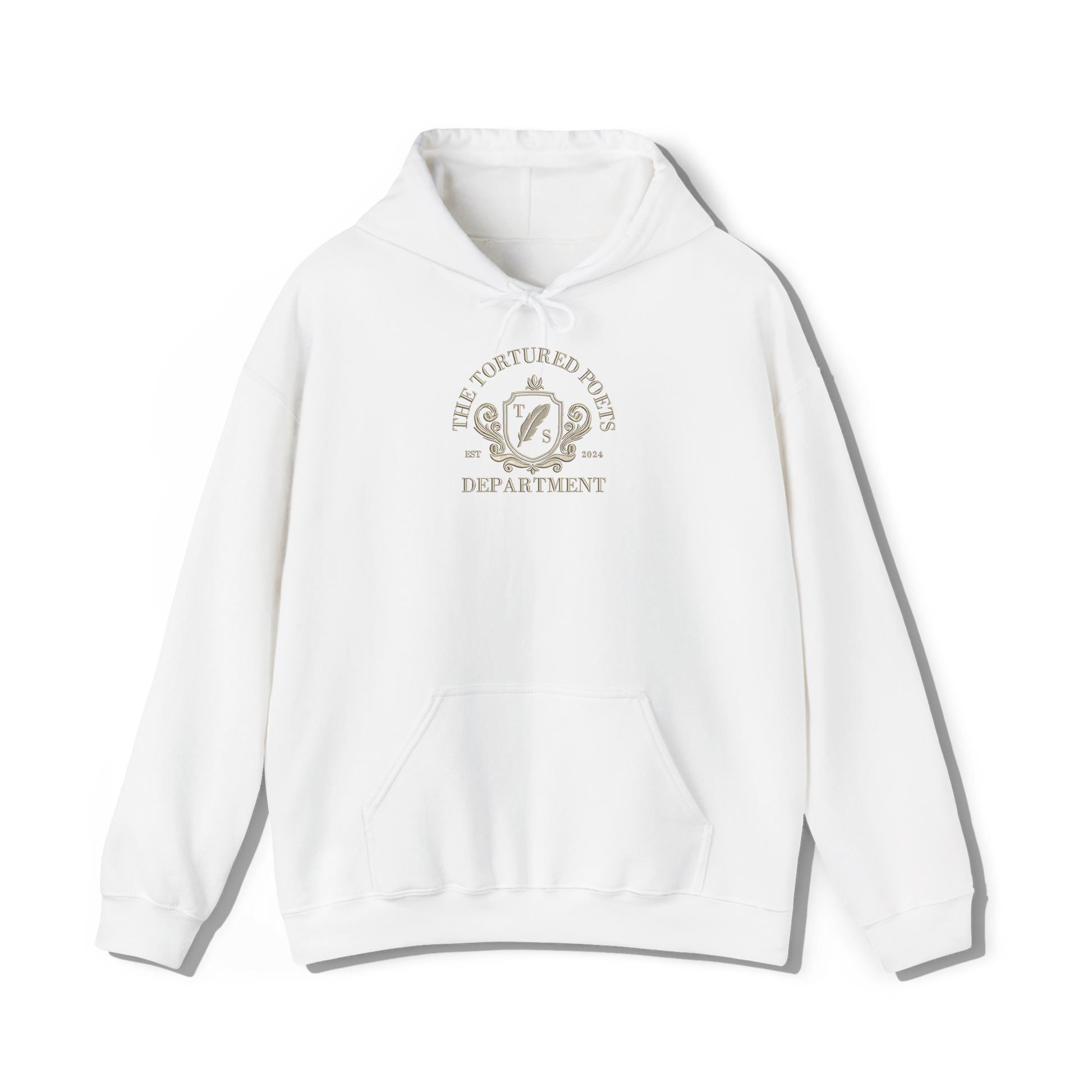 taylor swifts the tortured poets department album embroidered in a collegiate style on a white coloured hoodie 