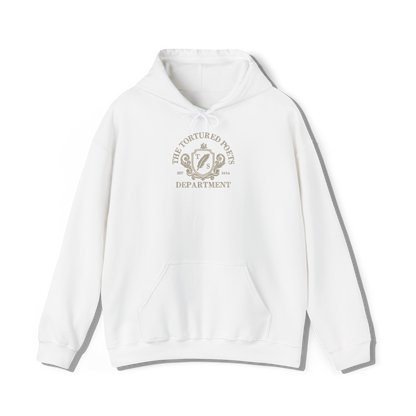 taylor swifts the tortured poets department album embroidered in a collegiate style on a white coloured hoodie 