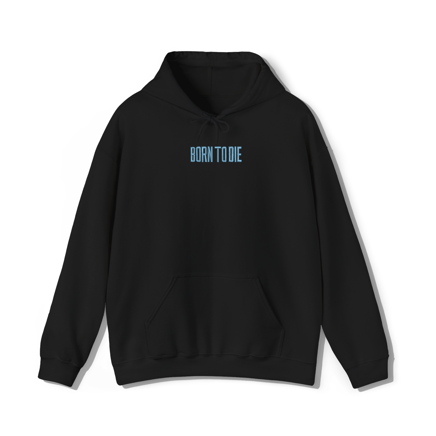 black coloured hooded sweatshirt that has lana del reys album, born to die embroidered on the centre chest 