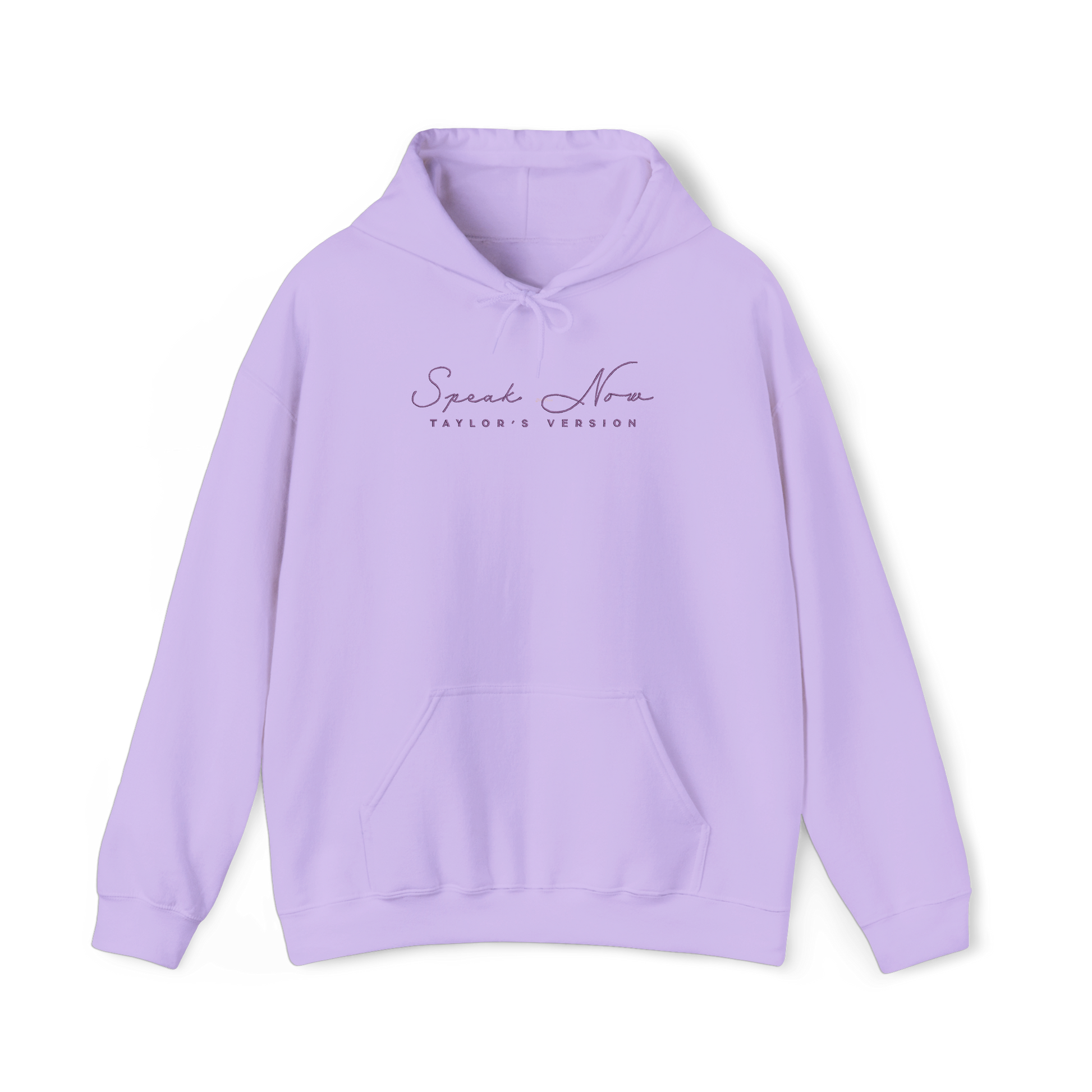 taylor swifts speak now album title embroidered in the same font and colour as appears on album cover on a orchid coloured hoodie