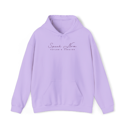 taylor swifts speak now album title embroidered in the same font and colour as appears on album cover on a orchid coloured hoodie