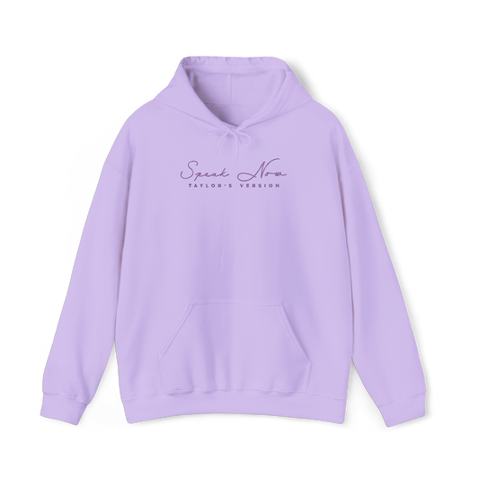 taylor swifts speak now album title embroidered in the same font and colour as appears on album cover on a orchid coloured hoodie