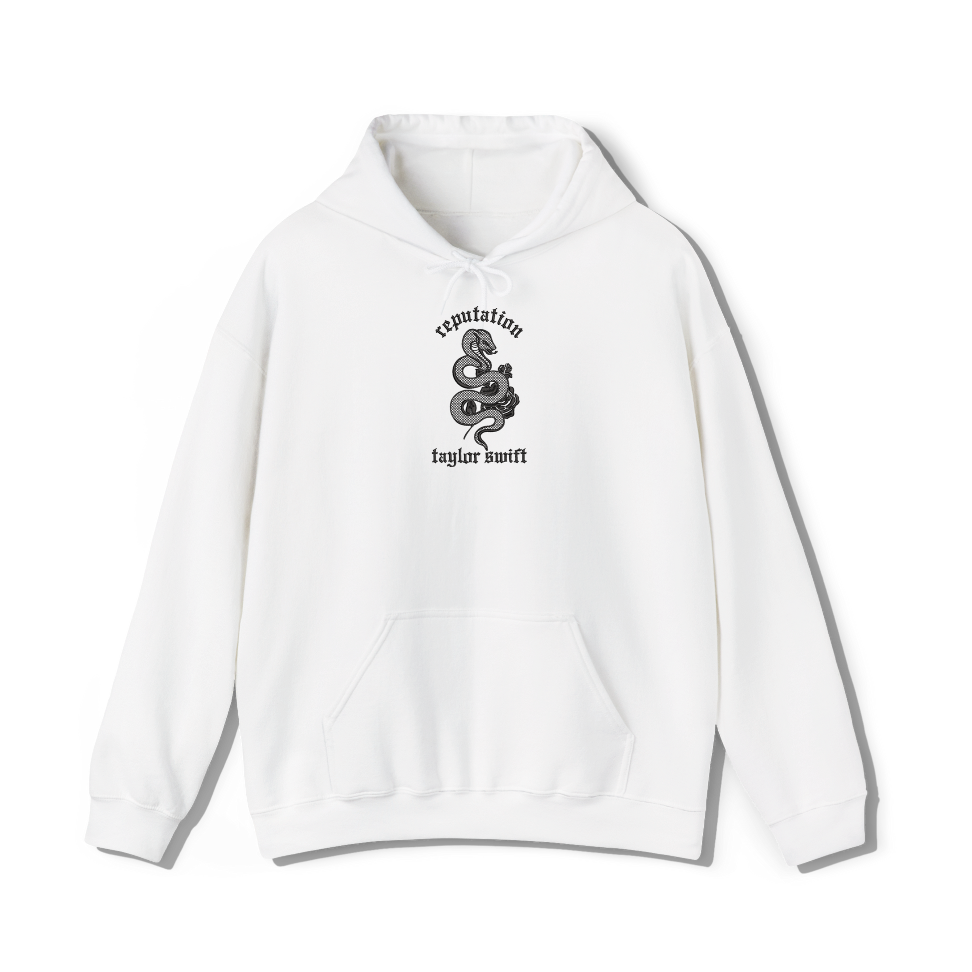 taylor swift reputation album embroidered in a collegiate style on a white coloured hoodie