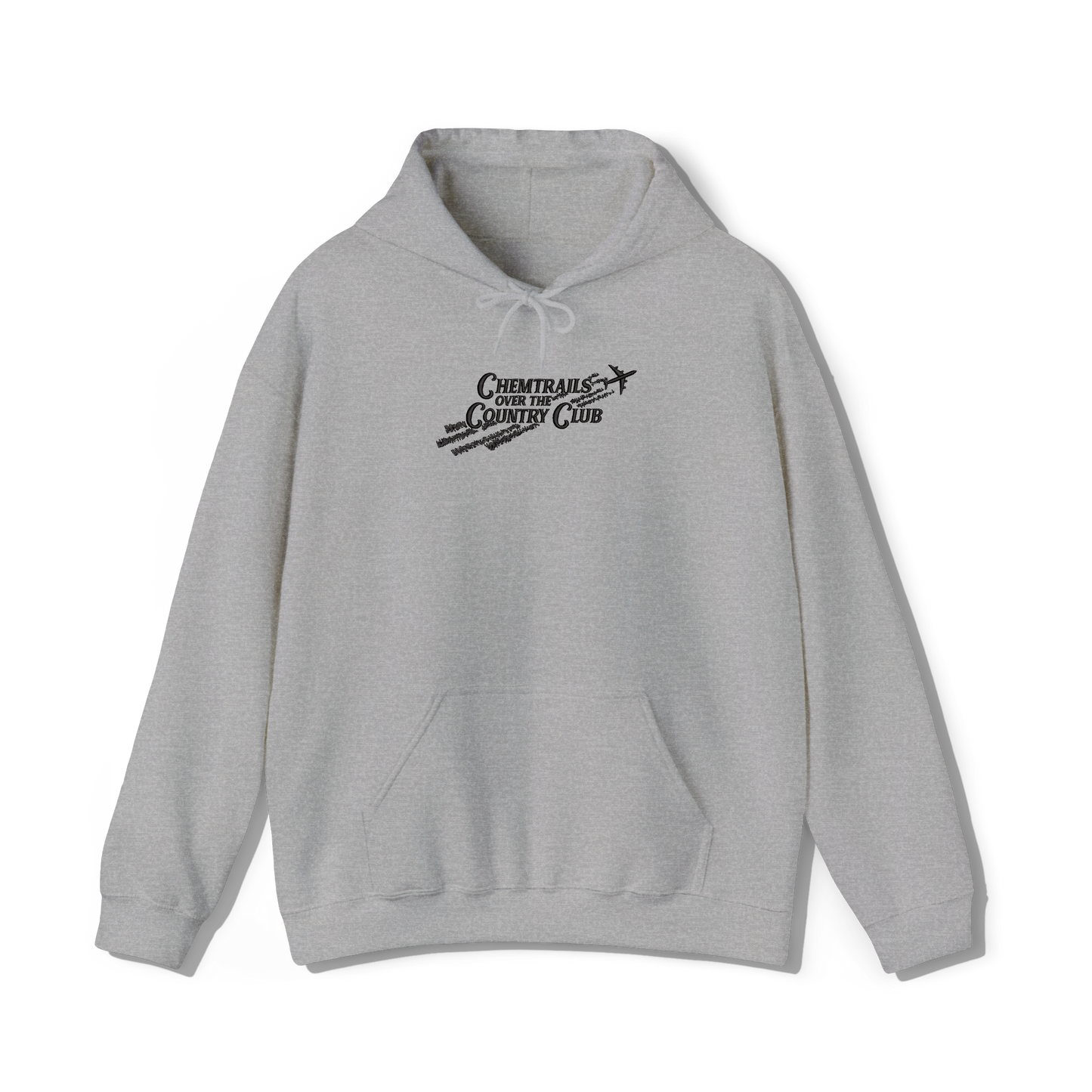 light grey coloured hooded sweatshirt that has lana del reys album,  chemtrails over the country club embroidered on the centre chest in the same font and colour as it appears on the album  cover