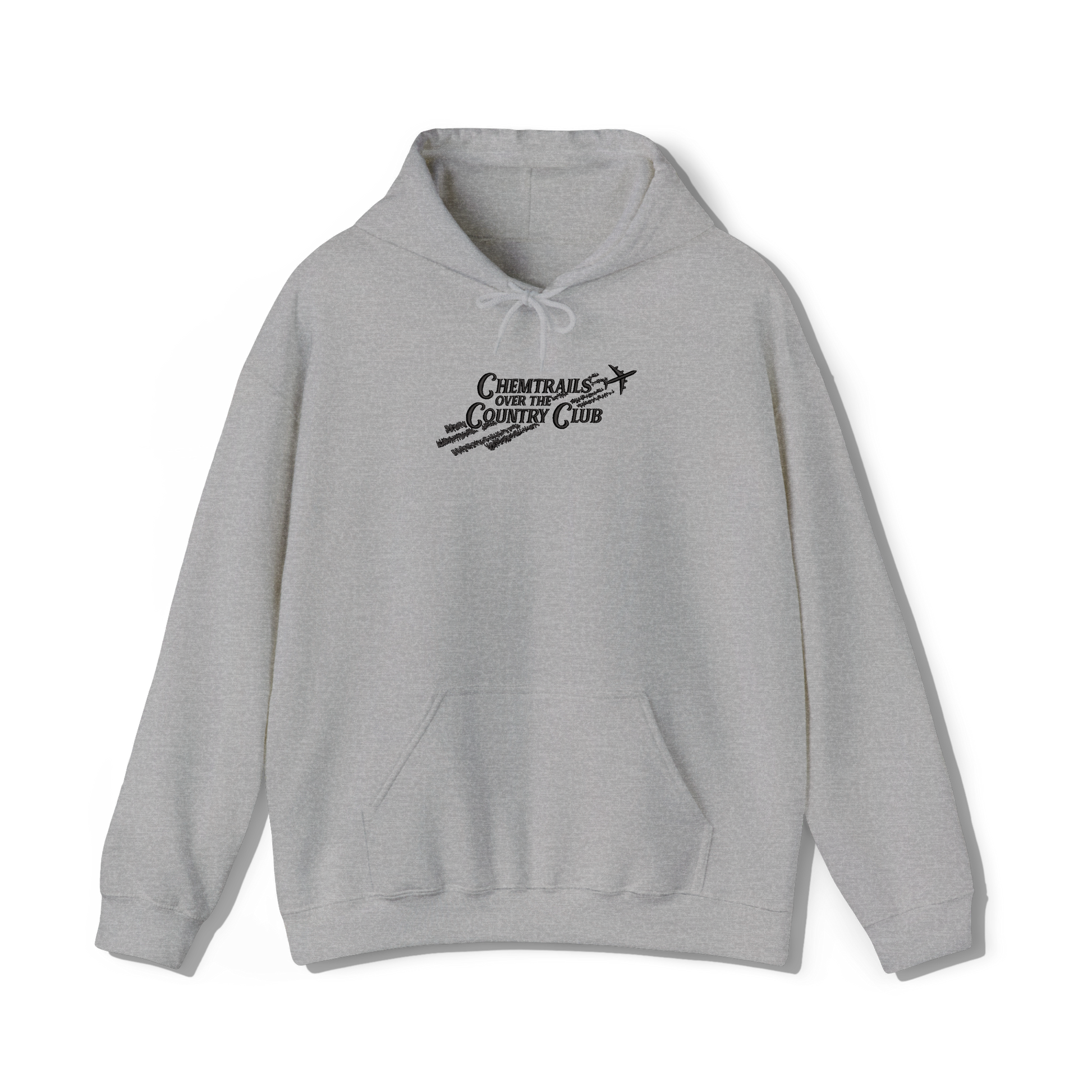 light grey coloured hooded sweatshirt that has lana del reys album,  chemtrails over the country club embroidered on the centre chest in the same font and colour as it appears on the album  cover