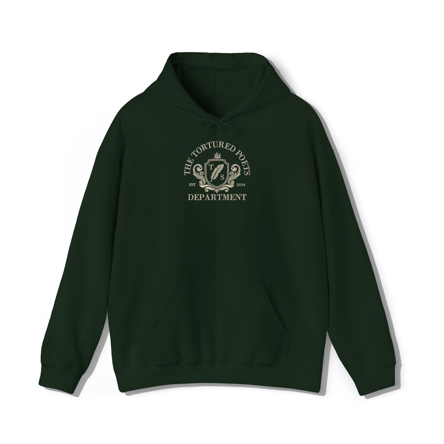 taylor swifts the tortured poets department album embroidered in a collegiate style on a forest green coloured hoodie 