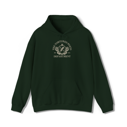 taylor swifts the tortured poets department album embroidered in a collegiate style on a forest green coloured hoodie 