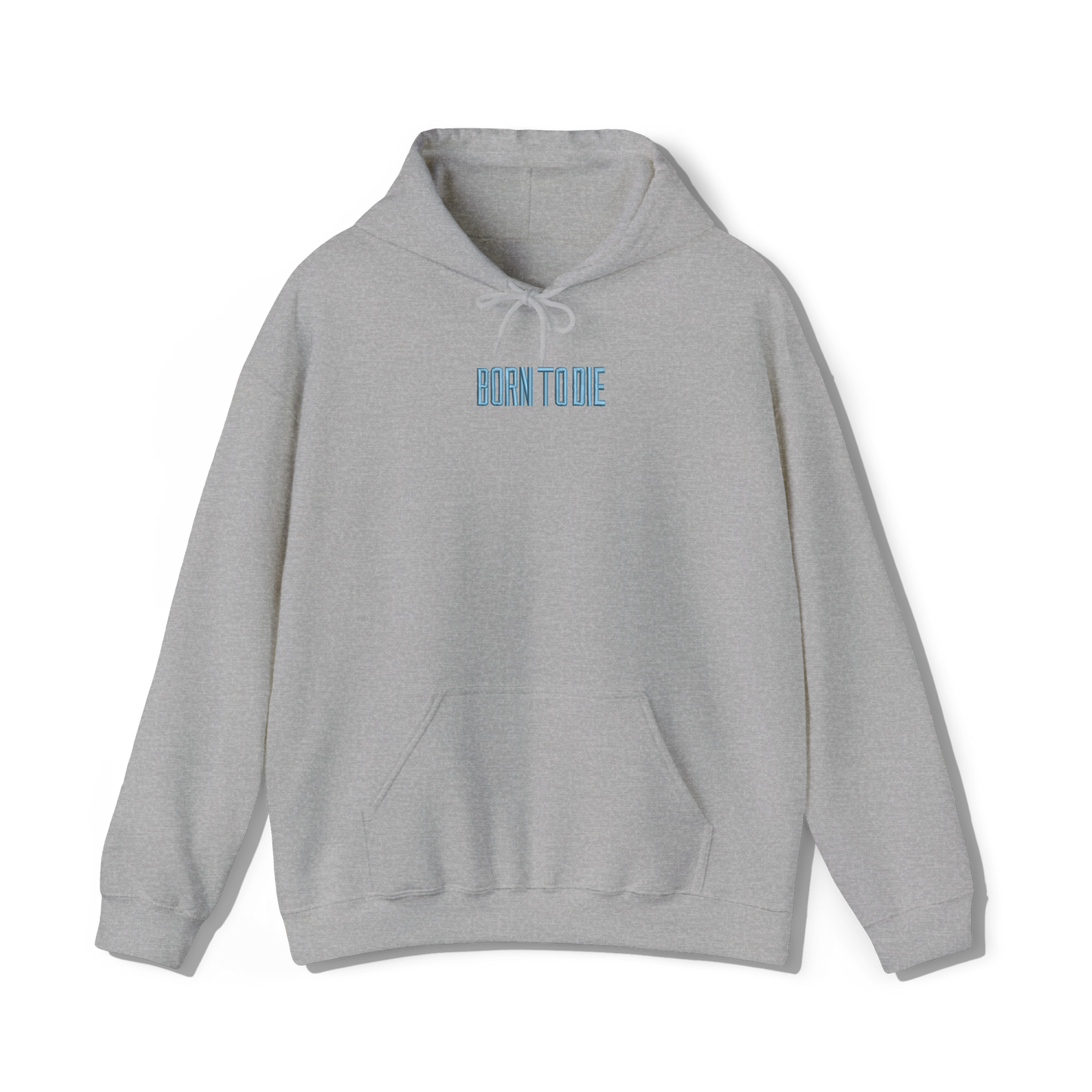 light grey coloured hooded sweatshirt that has lana del reys album, born to die embroidered on the centre chest 