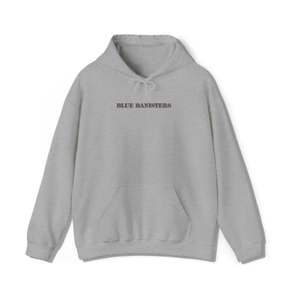 Light grey hooded sweatshirt that has lana del reys album, blue banisters embroidered on the centre chest 