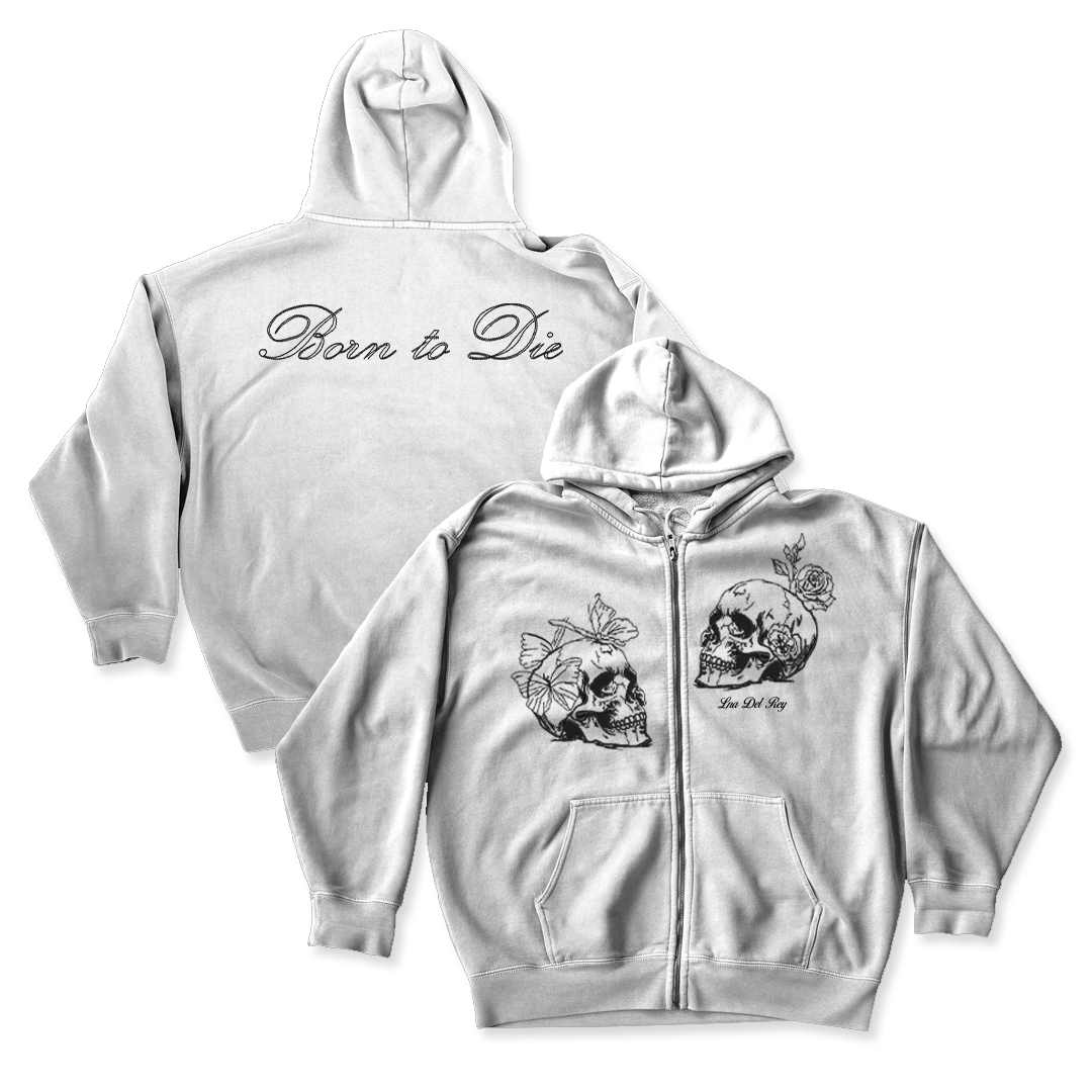 Light Grey zip-up hoodie mockup with embroidered skulls on the front and “Born To Die” outlined embroidery on the back with Lana Del Rey stitched underneath.