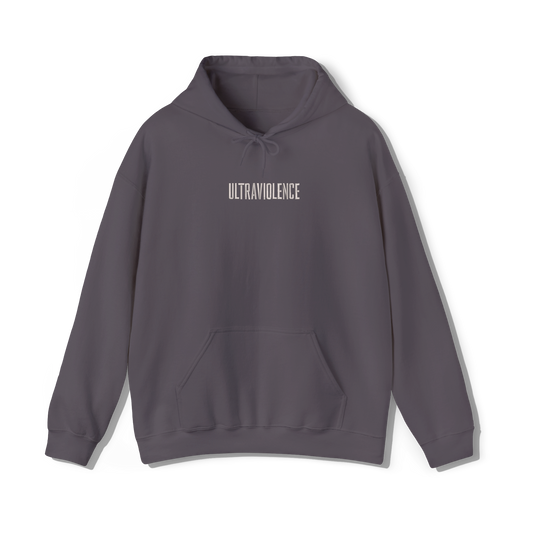 dark grey coloured hooded sweatshirt that has lana del reys album,  cultraviolence embroidered on the centre chest in the same font and colour as it appears on the album  cover