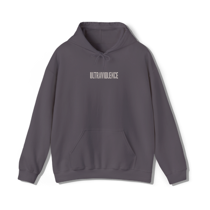 dark grey coloured hooded sweatshirt that has lana del reys album,  cultraviolence embroidered on the centre chest in the same font and colour as it appears on the album  cover