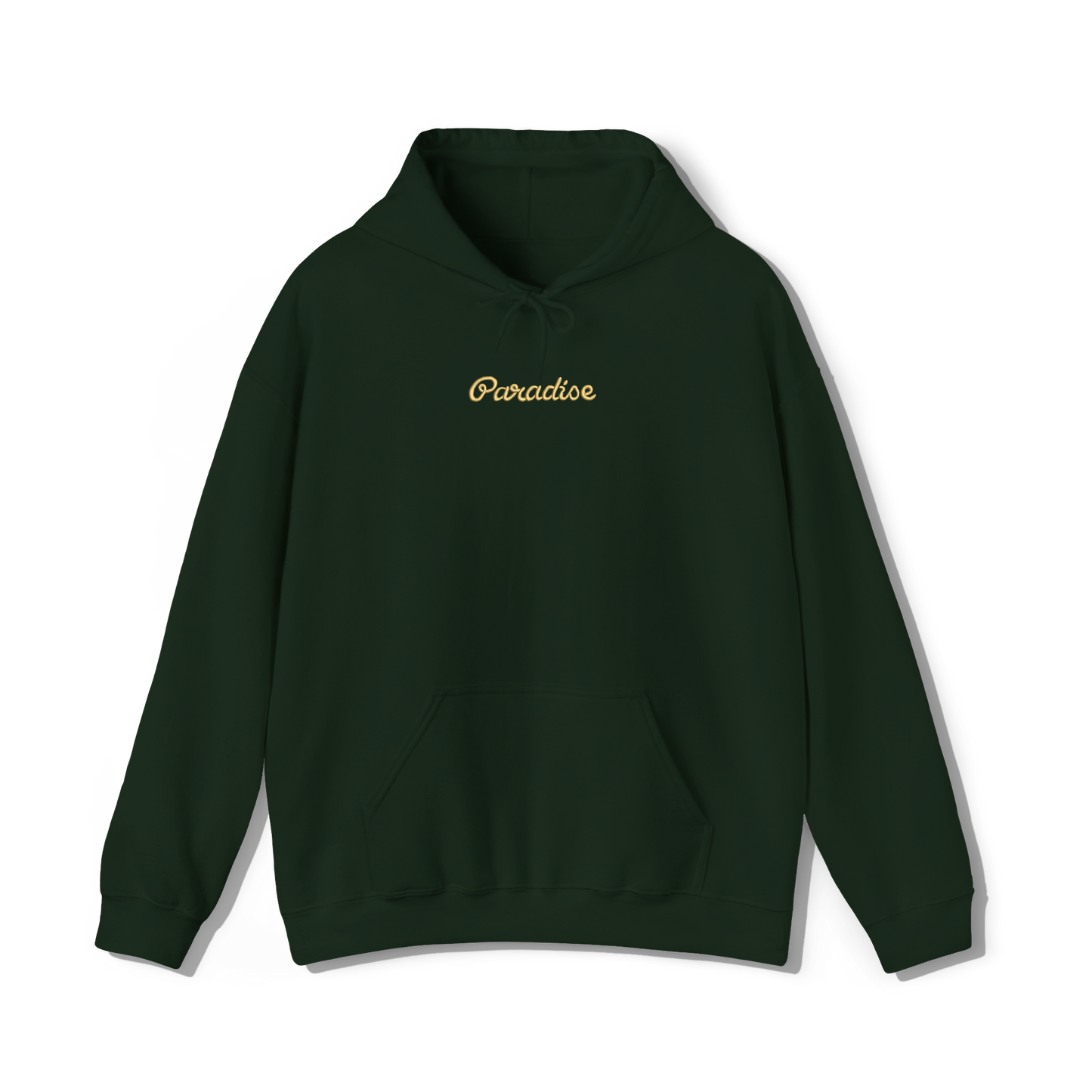 forest green coloured hooded sweatshirt that has lana del reys album,  paradise embroidered on the centre chest in the same font and colour as it appears on the album  cover