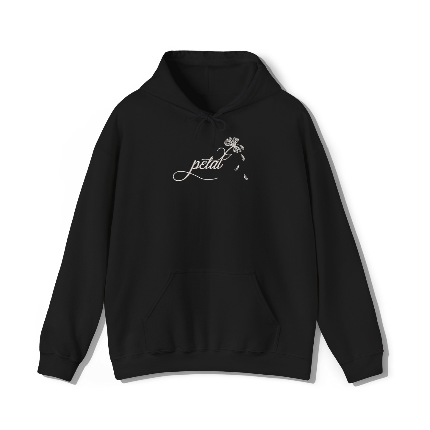 Black hoodie featuring white embroidered cursive “petal” design with a delicate daisy stem and scattered petals