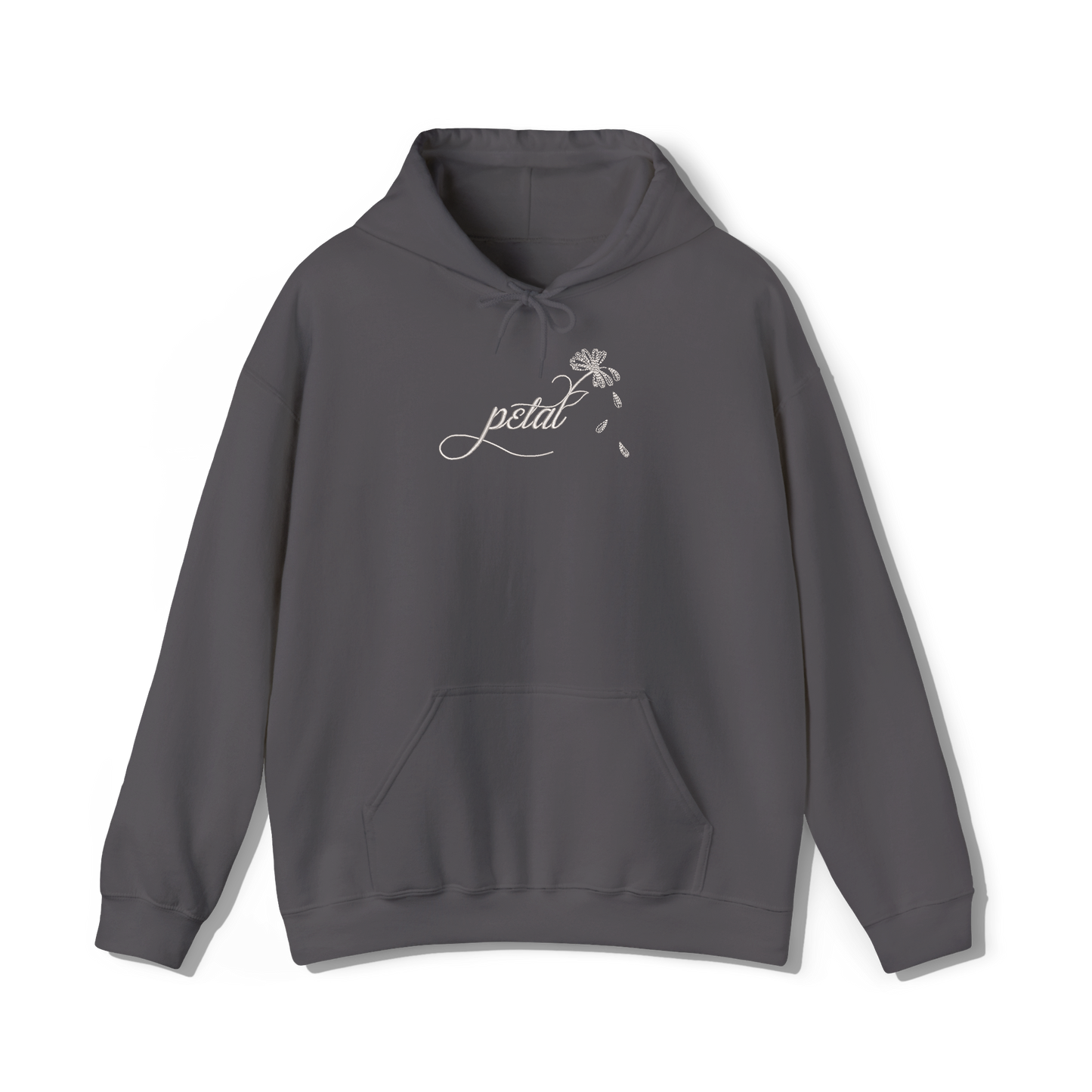Dark grey hoodie with white embroidered “petal” script design flowing into a daisy stem with falling petals on the chest