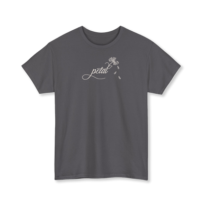 Dark grey t-shirt with white embroidered “petal” script and daisy stem with falling petals on chest