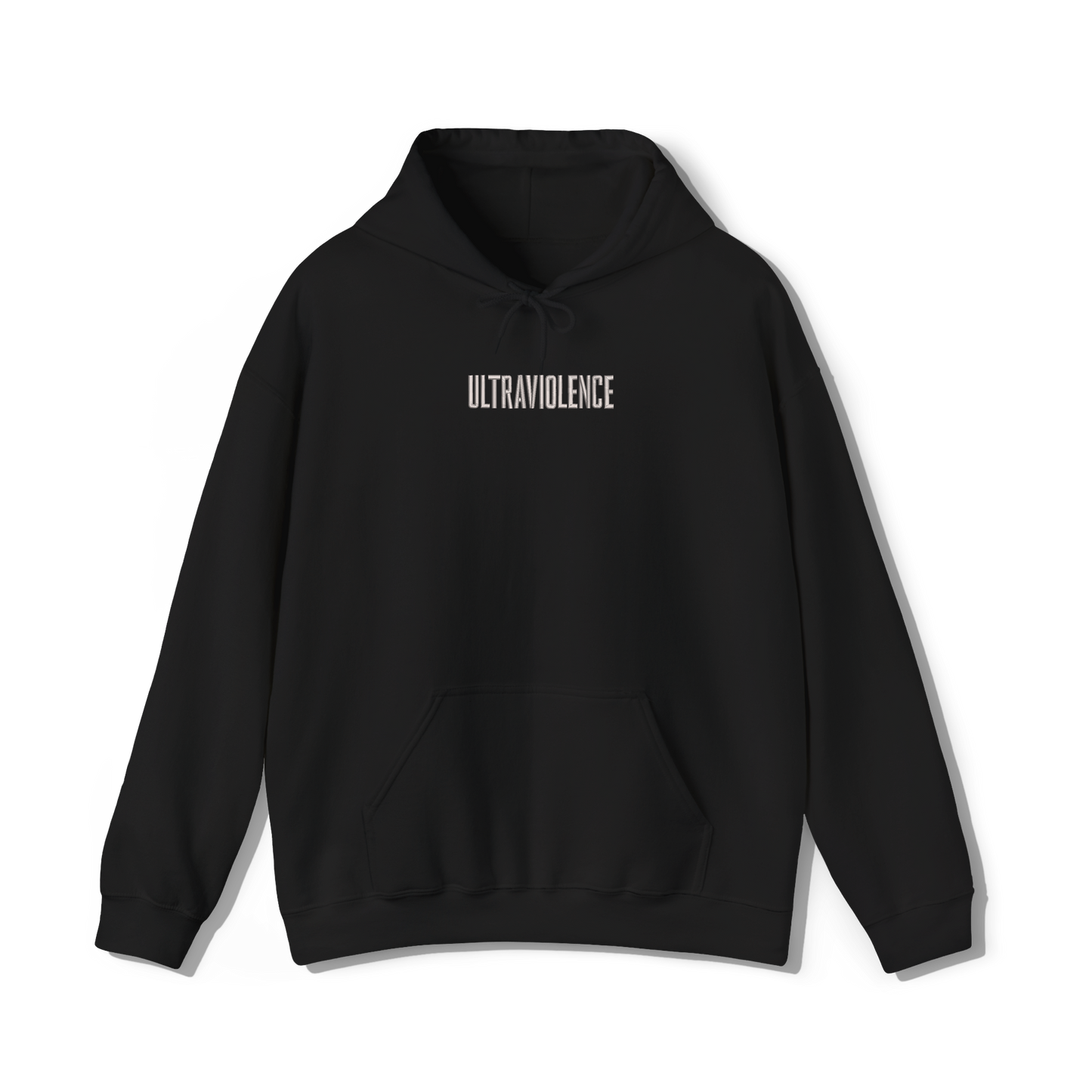 black coloured hooded sweatshirt that has lana del reys album,  cultraviolence embroidered on the centre chest in the same font and colour as it appears on the album  cover