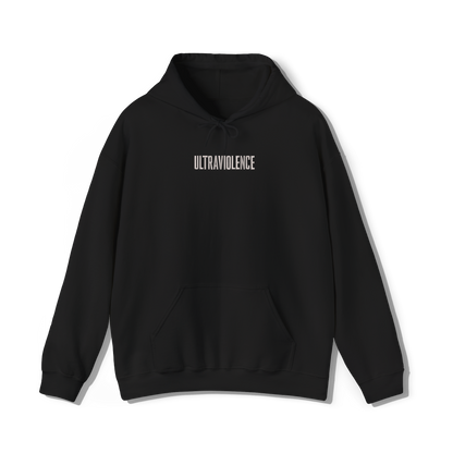 black coloured hooded sweatshirt that has lana del reys album,  cultraviolence embroidered on the centre chest in the same font and colour as it appears on the album  cover
