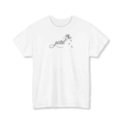 White t-shirt with dark grey embroidered “petal” calligraphy design extending into a daisy stem